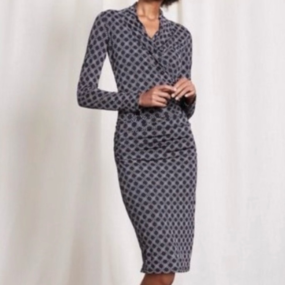 Boden Ruched Wrap Dress 8L Wool Jersey Blend Black Gray Geometric Print Bodycon